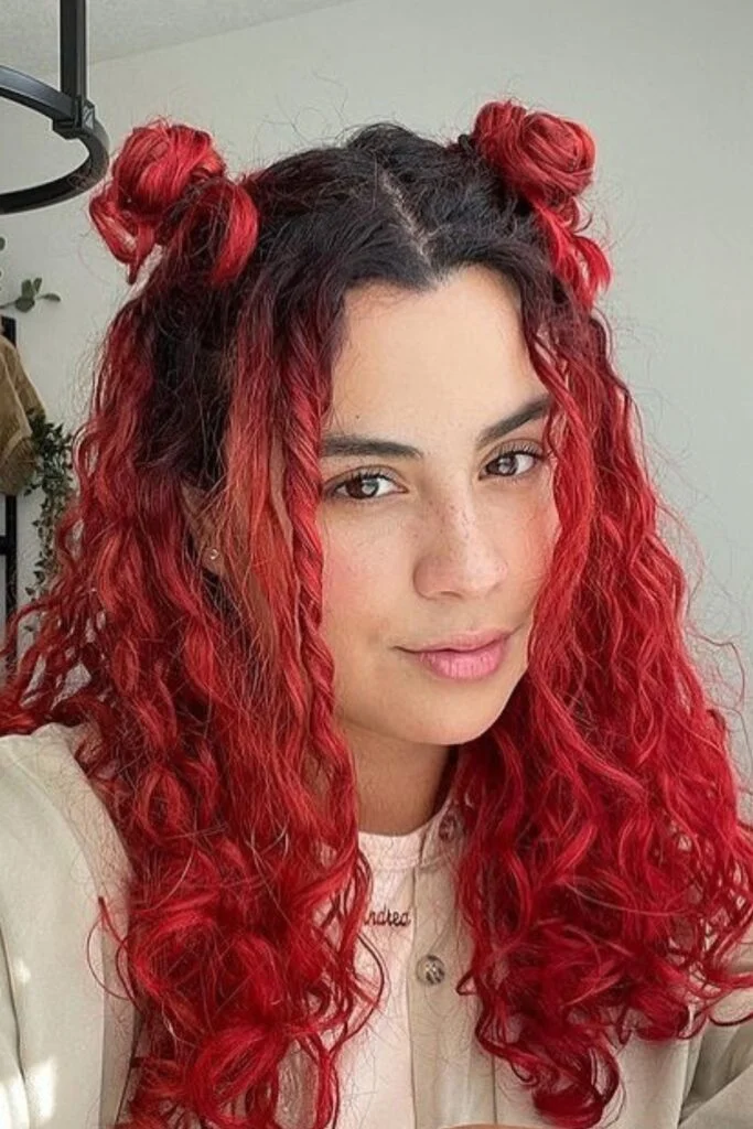 Bold Red Curls with Space Buns