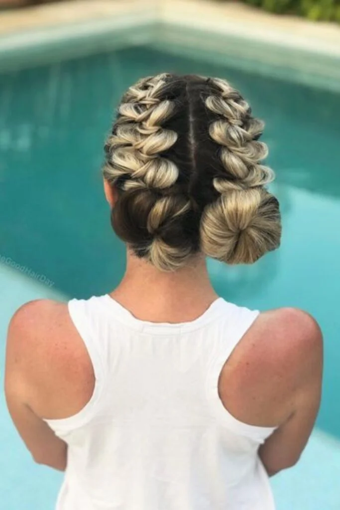 Braided Double Buns with Blonde Accents