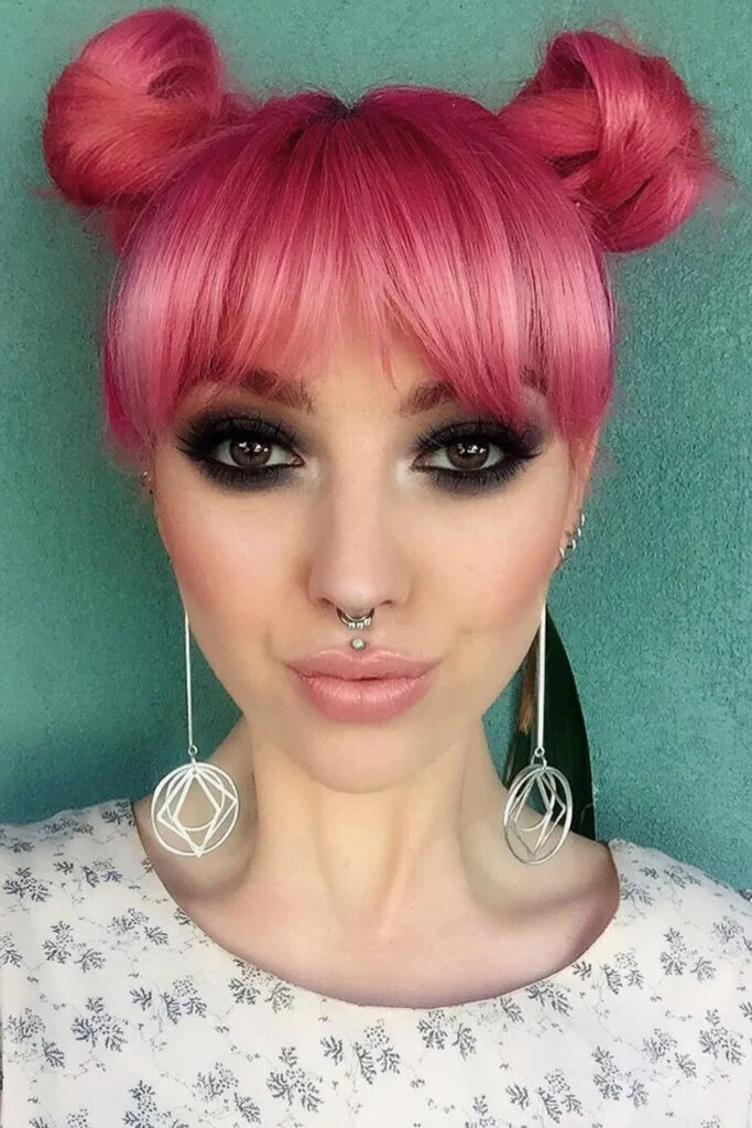 Bubblegum Pink Space Buns with Blunt Bangs