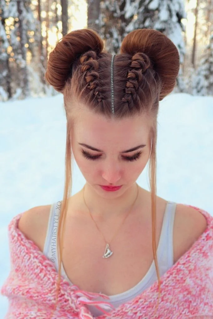 Double Braided Space Buns with a Touch of Sparkle