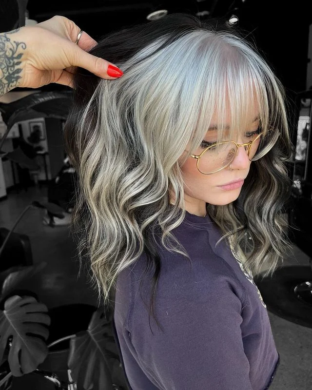 Silver Ombre with Dark Roots and Textured Waves