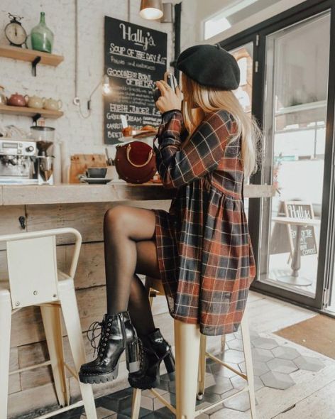 Chic Plaid Dress Coffee Date