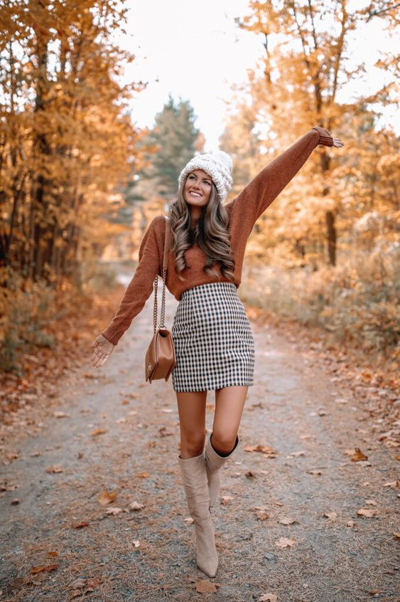 Cozy Rust Sweater & Plaid Skirt