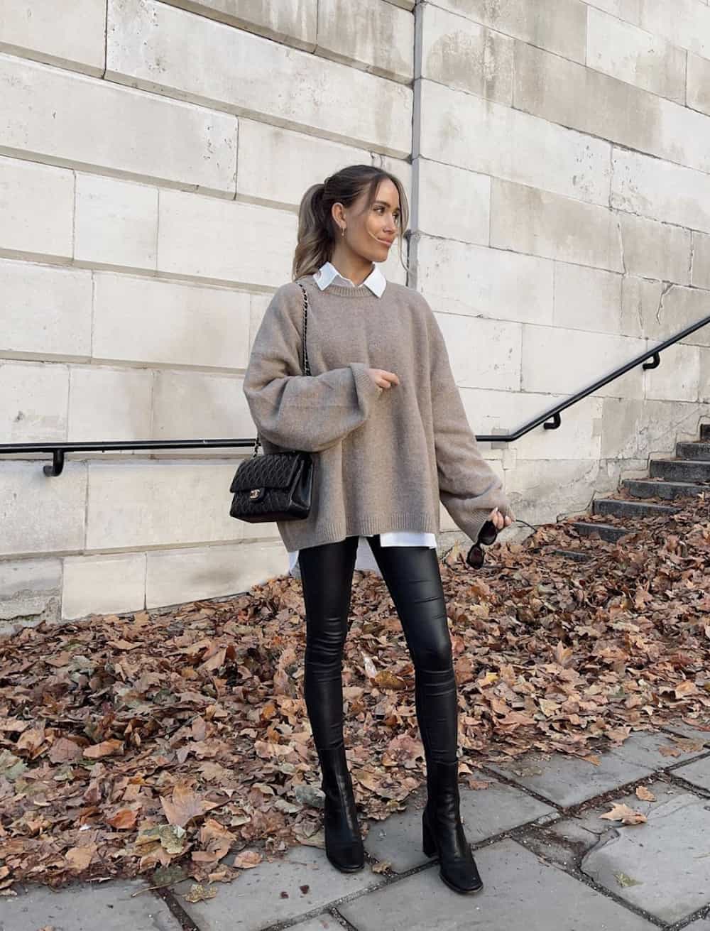 Oversized Sweater Styled with Leather Leggings and Boots