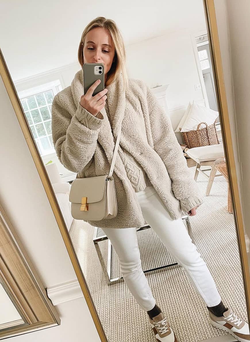 Teddy Coat Paired with Socks and Classic Jeans